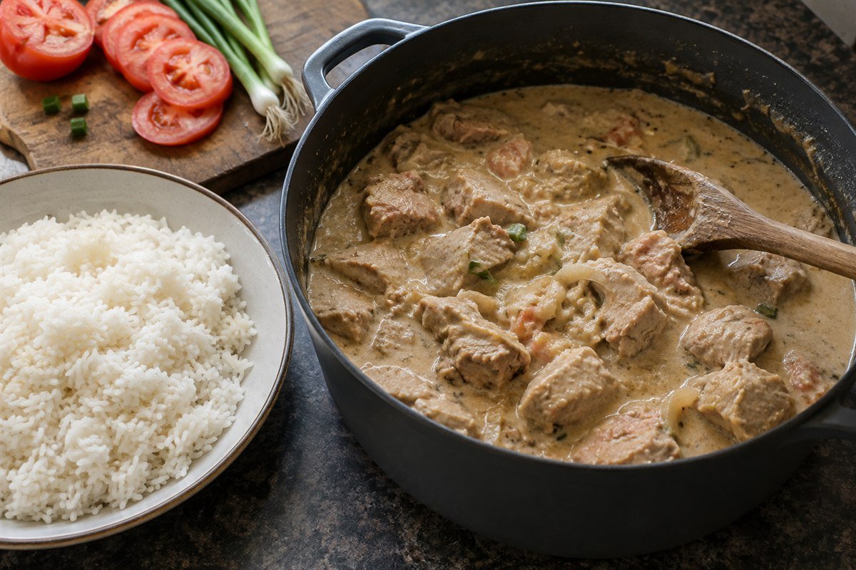 A pot of Malagasy pork and coconut stew with a wooden spoon beside a plate of rice, tomatoes, and scallions on a kitchen work surface.