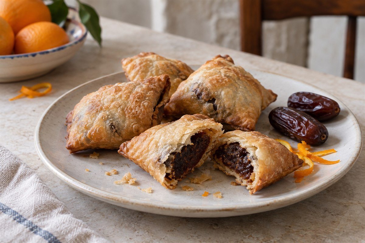 Maltese imqaret, irregular golden date-filled pastries with one cut open to show the dark filling on a ceramic plate.