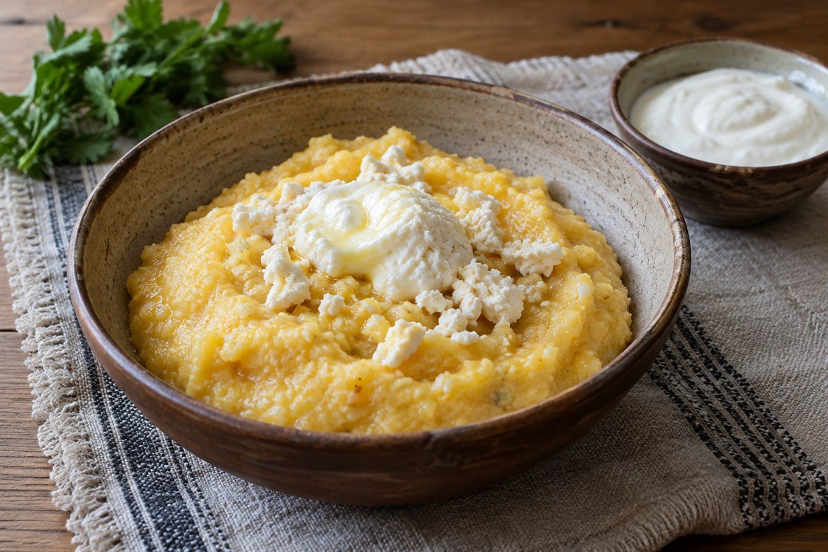 Montenegrin kačamak, a rustic yellow cornmeal and potato mash topped with kajmak and crumbled cheese in a matte ceramic bowl.