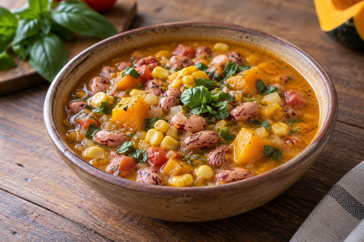 Chilean porotos granados, a rustic golden bean, corn, and pumpkin stew in a ceramic bowl with basil and crusty bread on a linen-covered table.