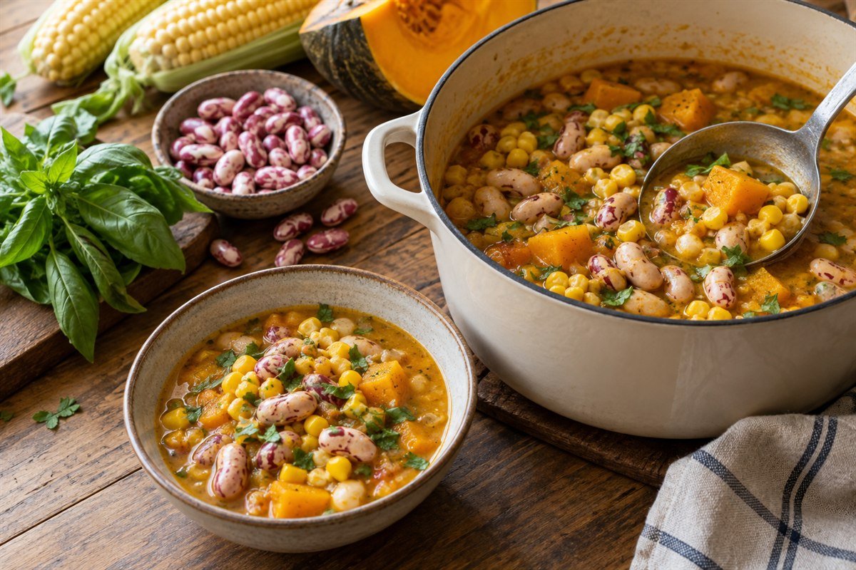 A ladle serving Chilean porotos granados from a wide enamel pot, with corn, pumpkin, cranberry beans, and fresh basil visible on the work surface.