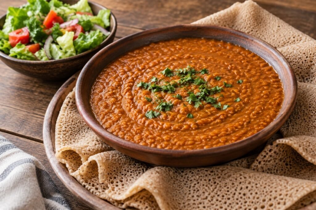 Ethiopian shiro wat, a smooth orange-red chickpea stew in a shallow clay bowl with a piece of injera beside it, natural window light.