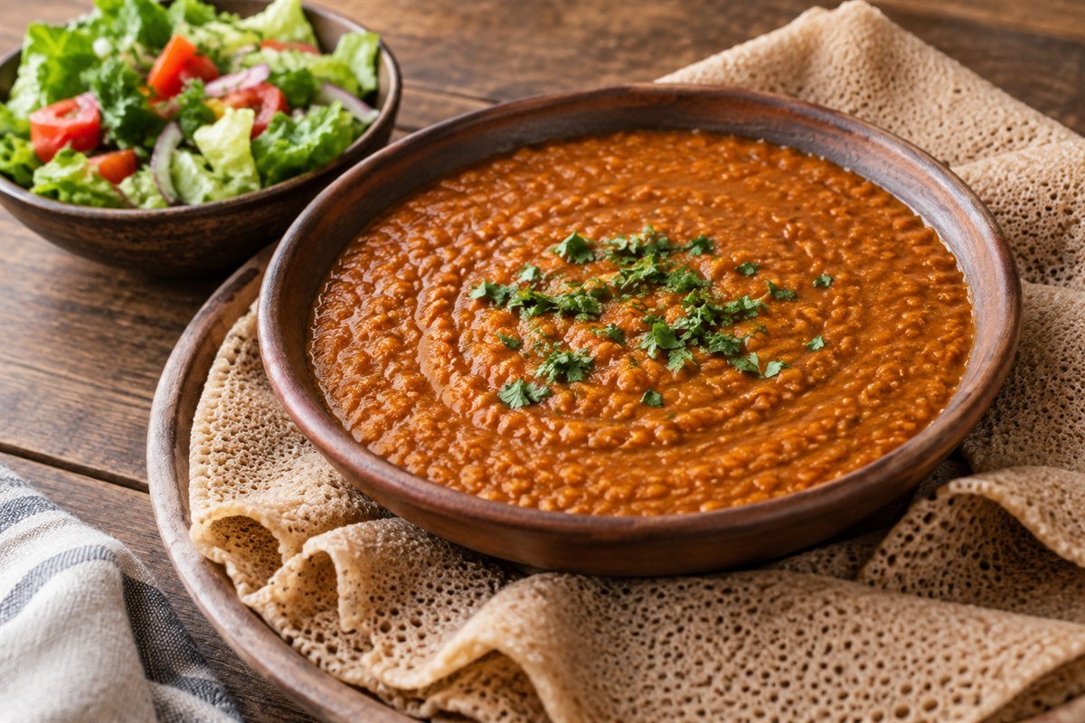 Ethiopian shiro wat, a smooth orange-red chickpea stew in a shallow clay bowl with a piece of injera beside it, natural window light.
