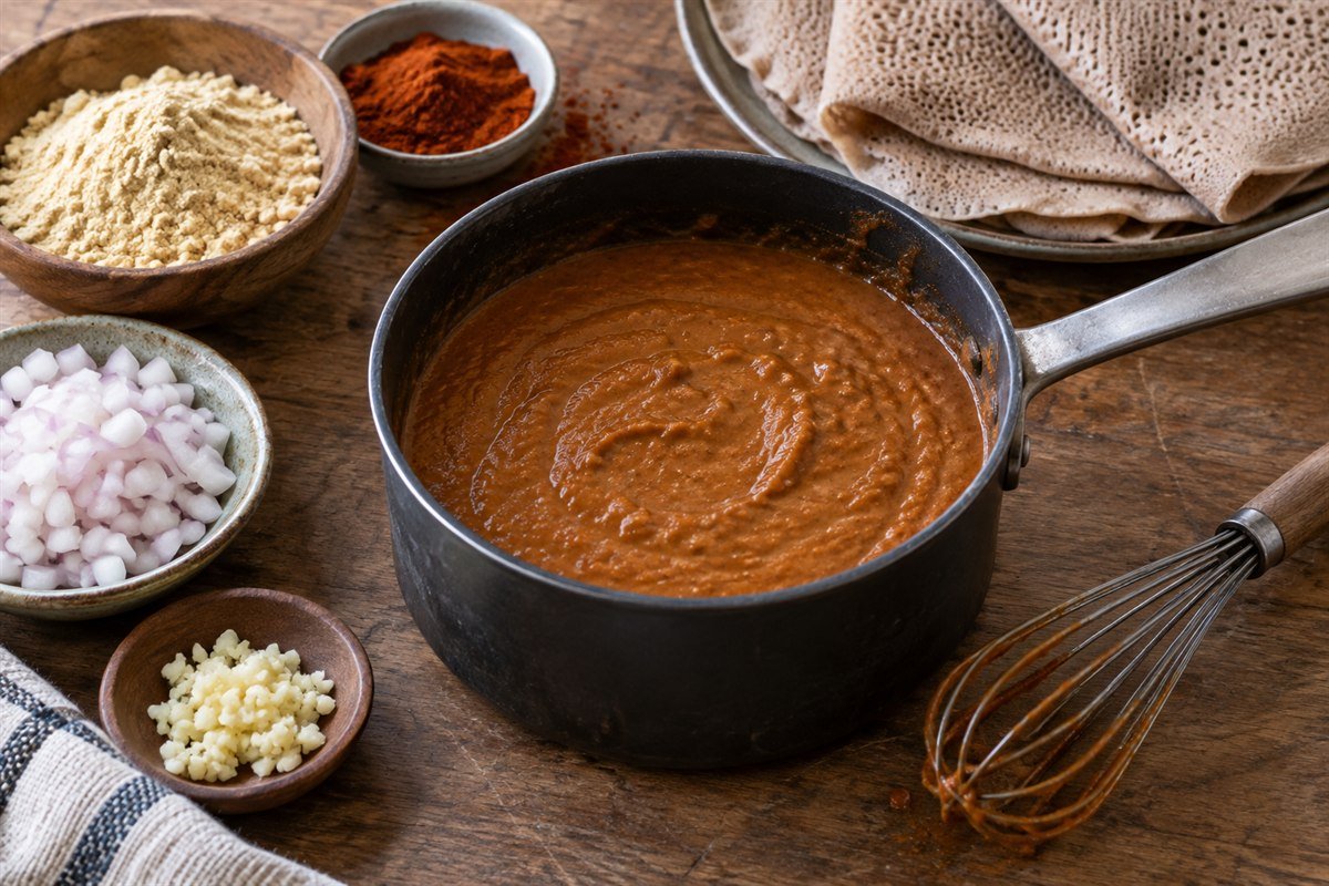 A wooden spoon stirring Ethiopian shiro wat in a small enamel pot, showing the smooth thick texture with berbere, onion, and garlic nearby.