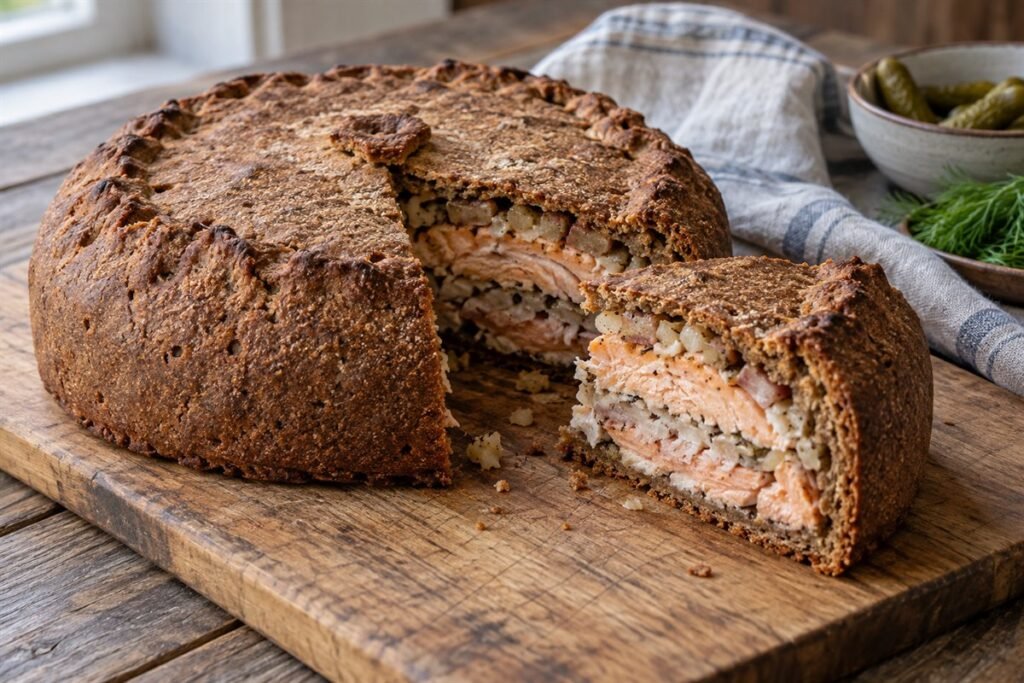 Finnish kalakukko, a rustic round rye-crust fish and pork pie with one wedge cut open on a wooden board, soft window light.