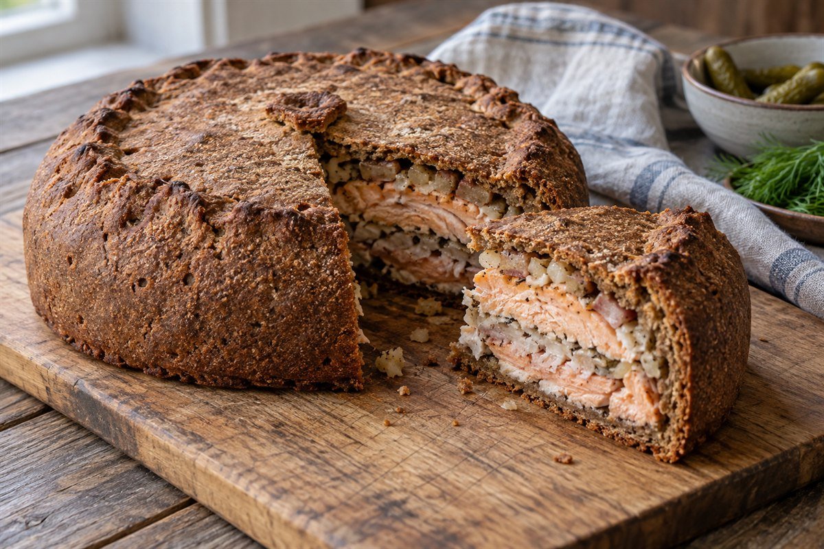 Finnish kalakukko, a rustic round rye-crust fish and pork pie with one wedge cut open on a wooden board, soft window light.
