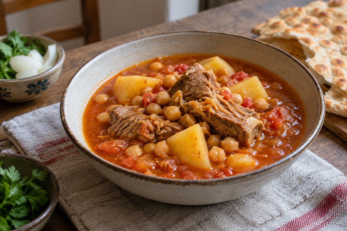 Iranian abgoosht, a rustic lamb and chickpea stew with potato and tomato in a deep ceramic bowl, served with flatbread on a simple kitchen table.