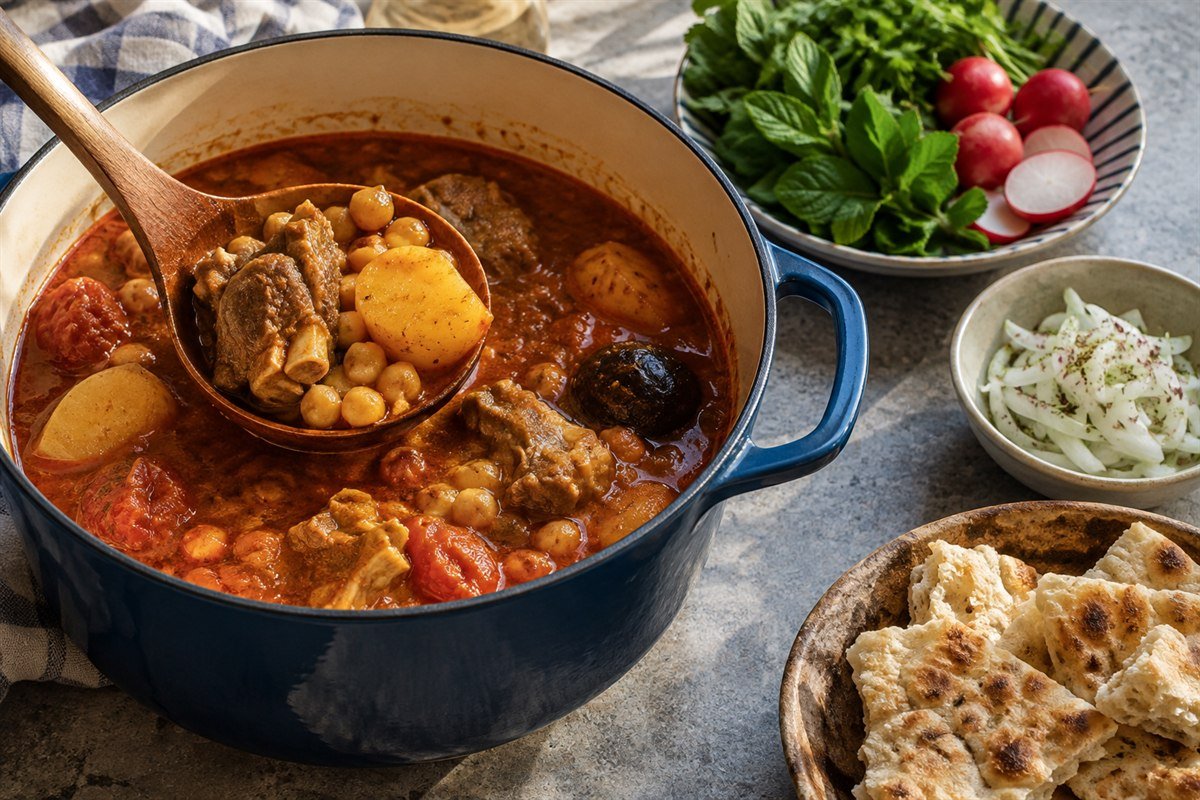 A spoon lifting tender lamb and chickpeas from a heavy pot of Iranian abgoosht, with potatoes, dried limes, and torn flatbread arranged nearby.