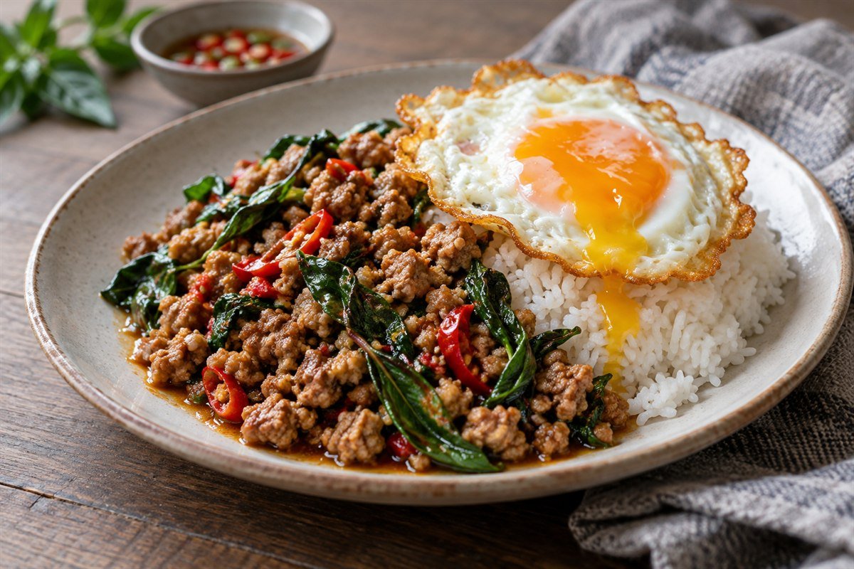 Thai pad krapao with minced pork, holy basil, and a fried egg over jasmine rice on a simple ceramic plate, natural editorial food photography.