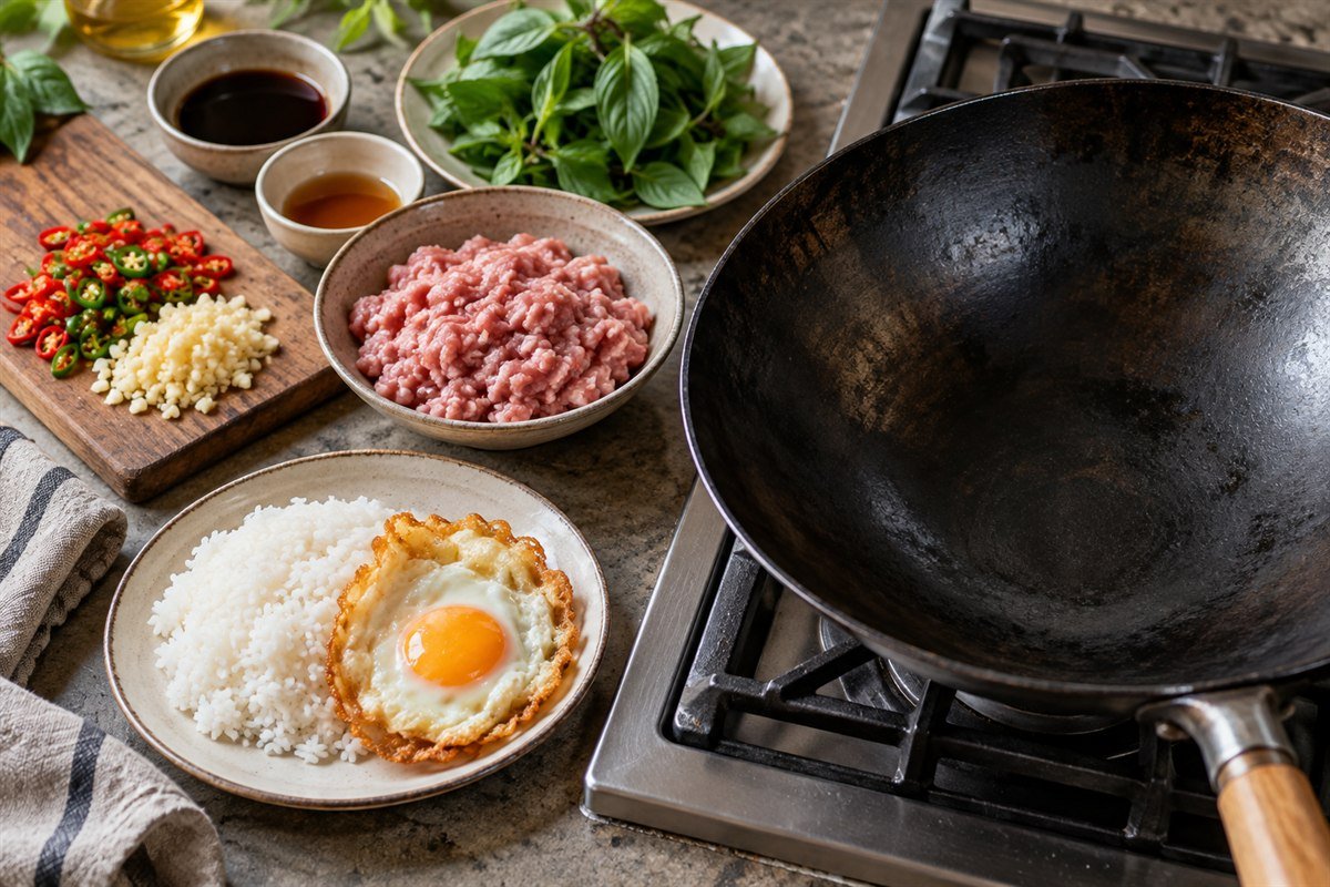 A wok of Thai pad krapao being spooned over jasmine rice, with basil leaves, garlic, chiles, and a fried egg on a separate plate in the background.