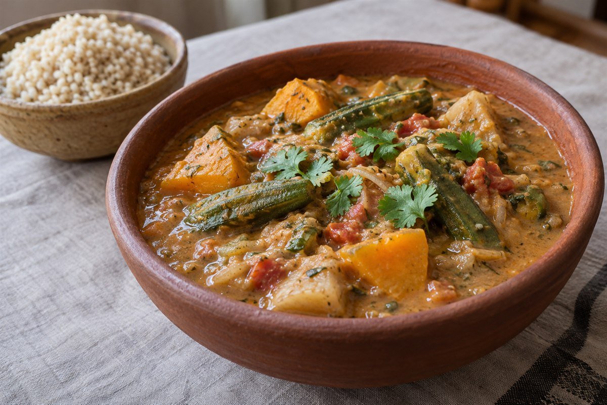 Chadian daraba, a thick okra, pumpkin, and sweet potato stew with a smooth peanut base in a deep earthenware bowl, soft window light.
