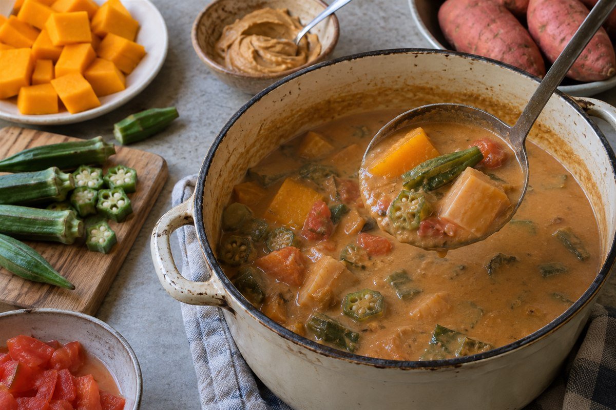 A ladle serving Chadian daraba from a well-used enamel pot, showing okra, pumpkin, tomato, and greens with a small bowl of peanut butter nearby.