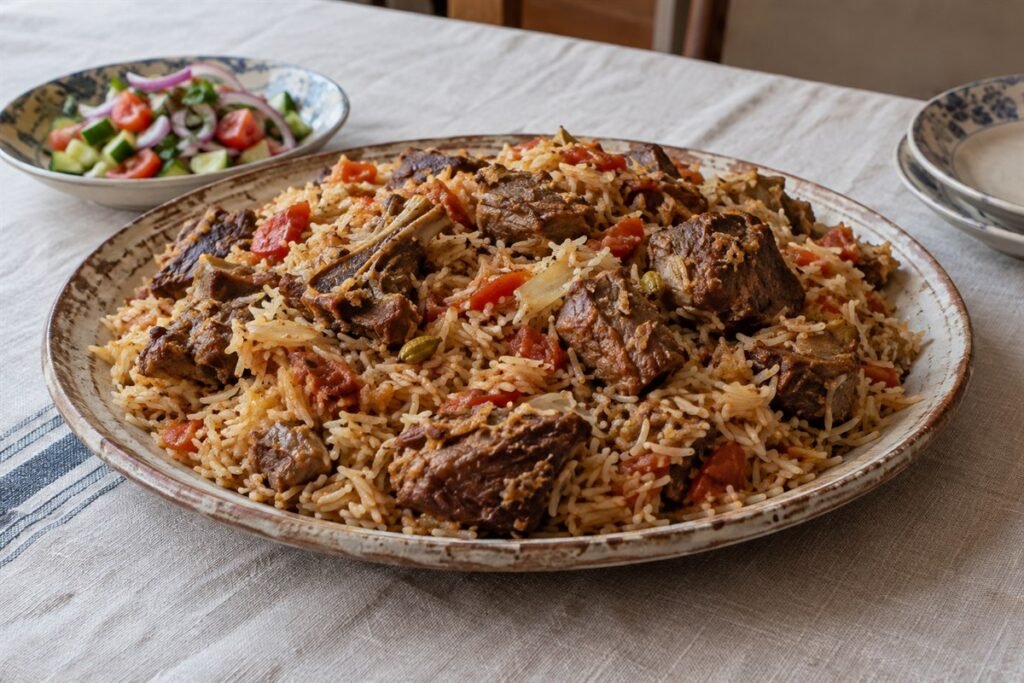 Djiboutian skoudehkaris, a rustic platter of spiced lamb and fluffy rice with tomato and herbs, photographed in soft natural window light.