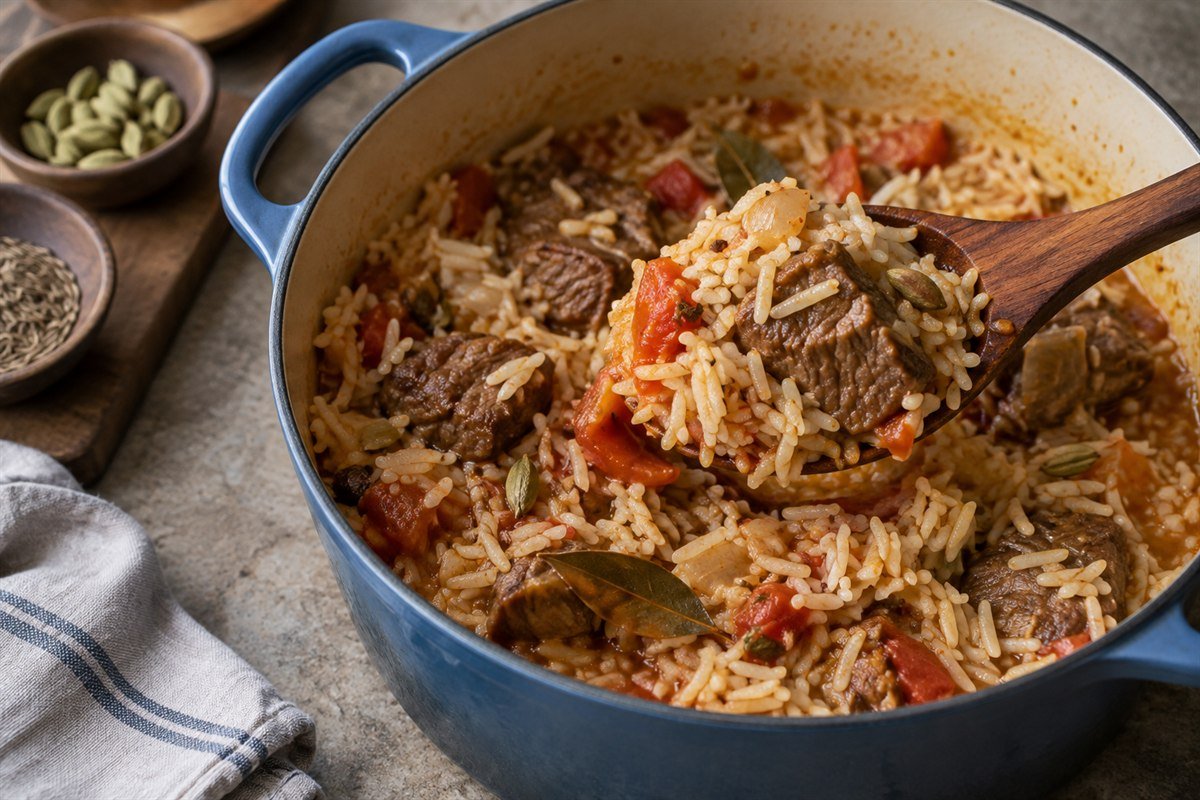 A wooden spoon lifting tender lamb and rice from a heavy pot of Djiboutian skoudehkaris, with cardamom, cumin, onion, and tomato nearby.