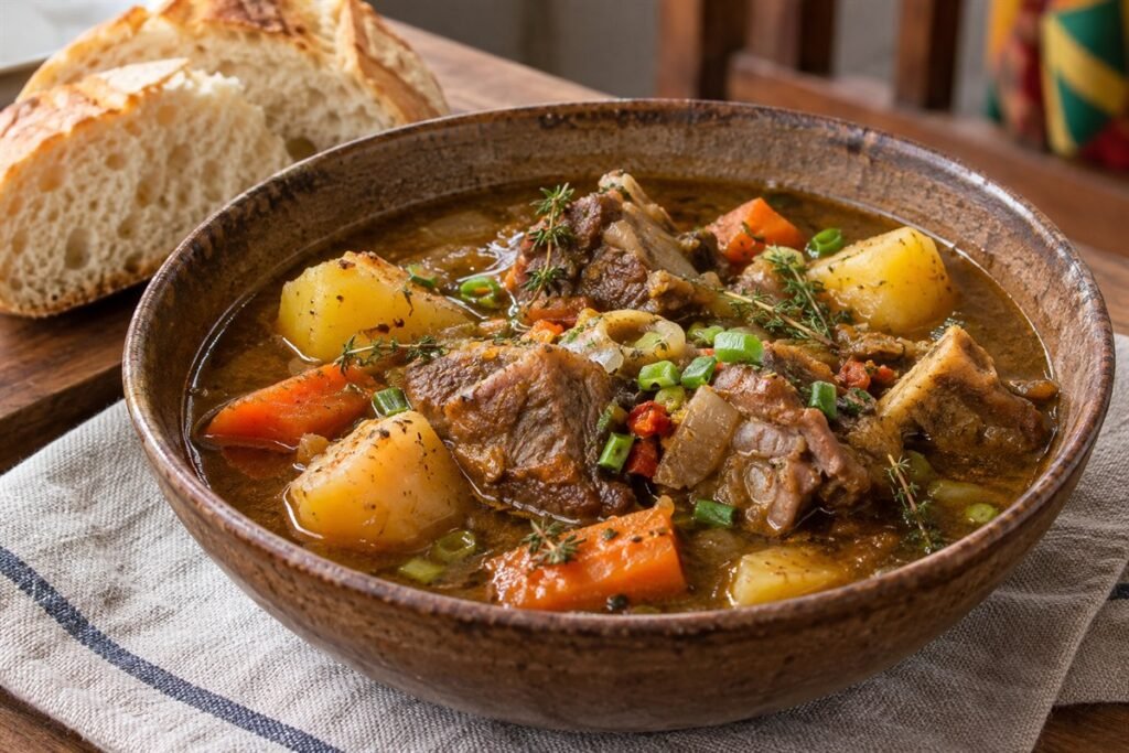 Kittitian goat water, a rustic bowl of tender goat and root vegetables in a dark aromatic broth with thyme and scallions, soft natural light.