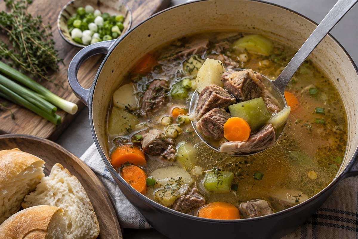 A ladle lifting tender goat, potato, and carrot from a heavy pot of Kittitian goat water, with thyme, scallions, and bread nearby.