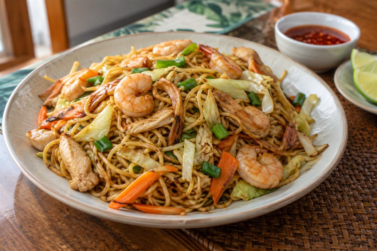 Mauritian mine frit, a colourful plate of stir-fried noodles with chicken, shrimp, cabbage, carrots, and scallions, natural editorial food photography.