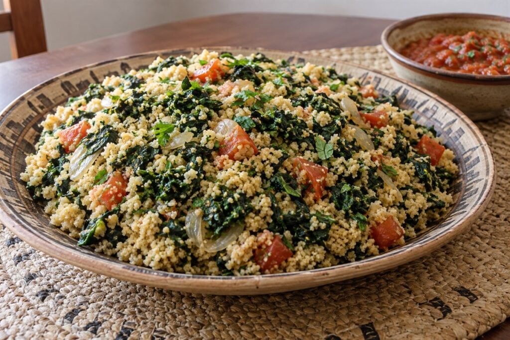 Nigerien dambou, a mound of fluffy millet couscous folded with chopped leafy greens, tomato, and herbs on a simple ceramic platter.