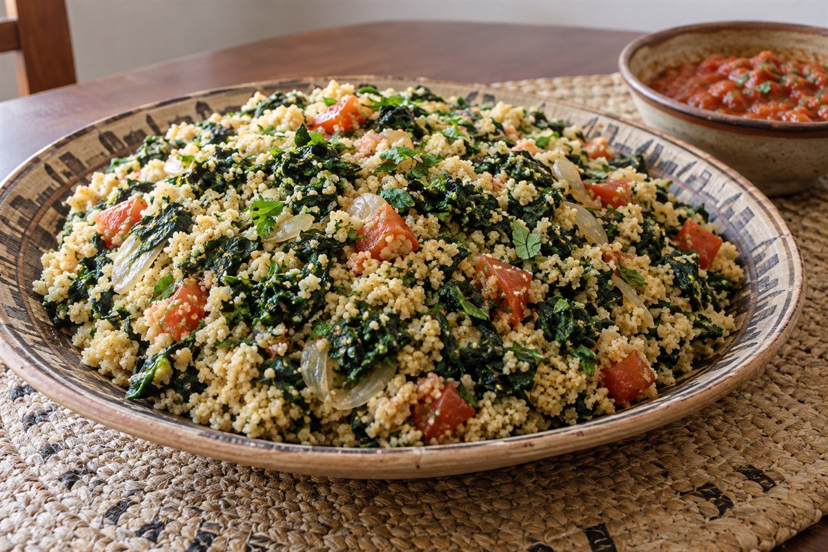 Nigerien dambou, a mound of fluffy millet couscous folded with chopped leafy greens, tomato, and herbs on a simple ceramic platter.
