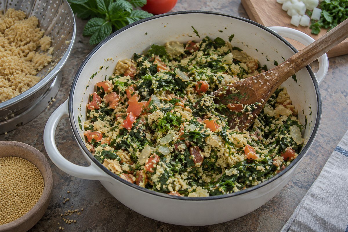 Hands-free editorial view of a wooden spoon folding greens through steaming millet dambou in a wide pot, with millet and onions on the work surface.