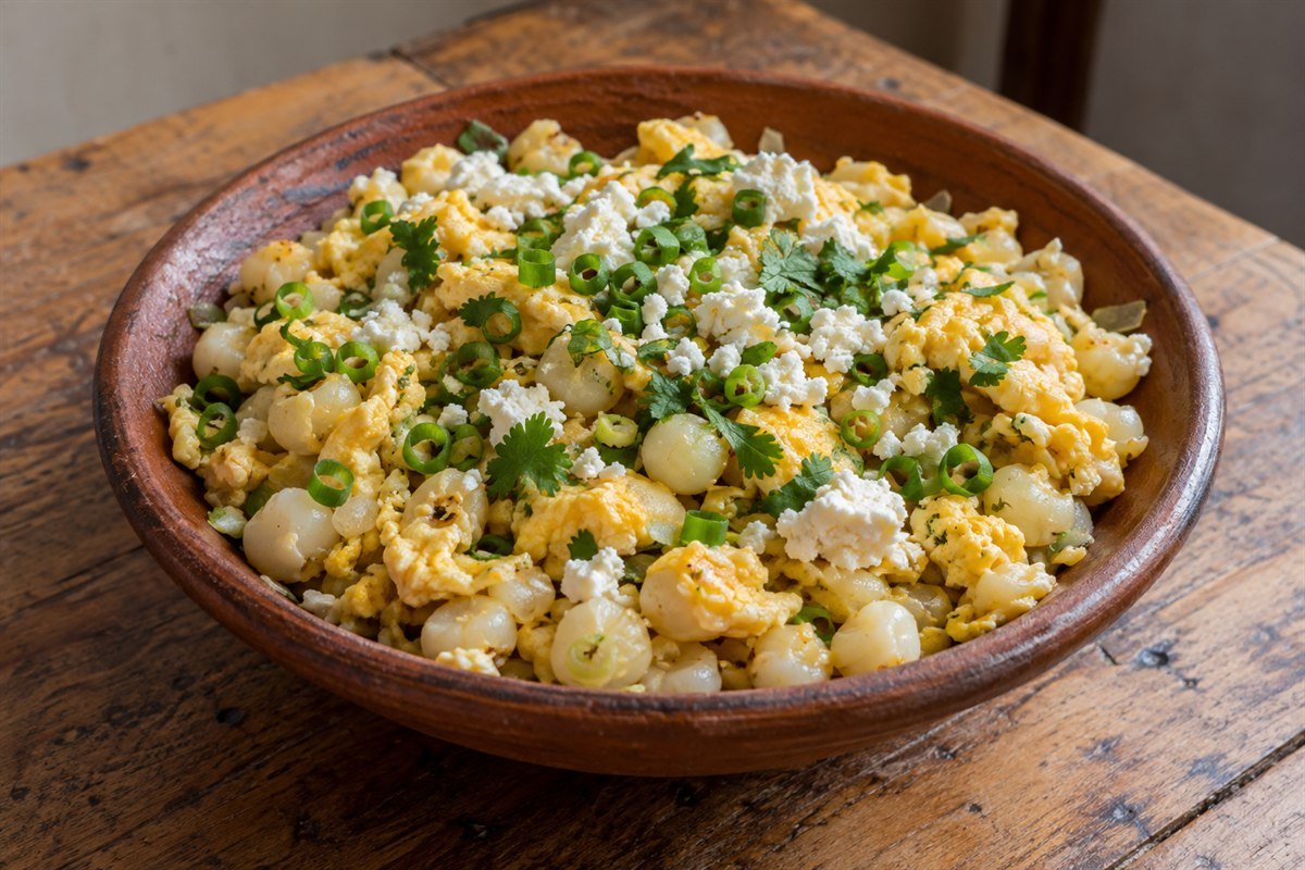 Ecuadorian mote pillo, glossy hominy kernels folded with soft scrambled eggs, crumbled queso fresco, scallions, and coriander in a rustic shallow bowl, soft natural daylight.