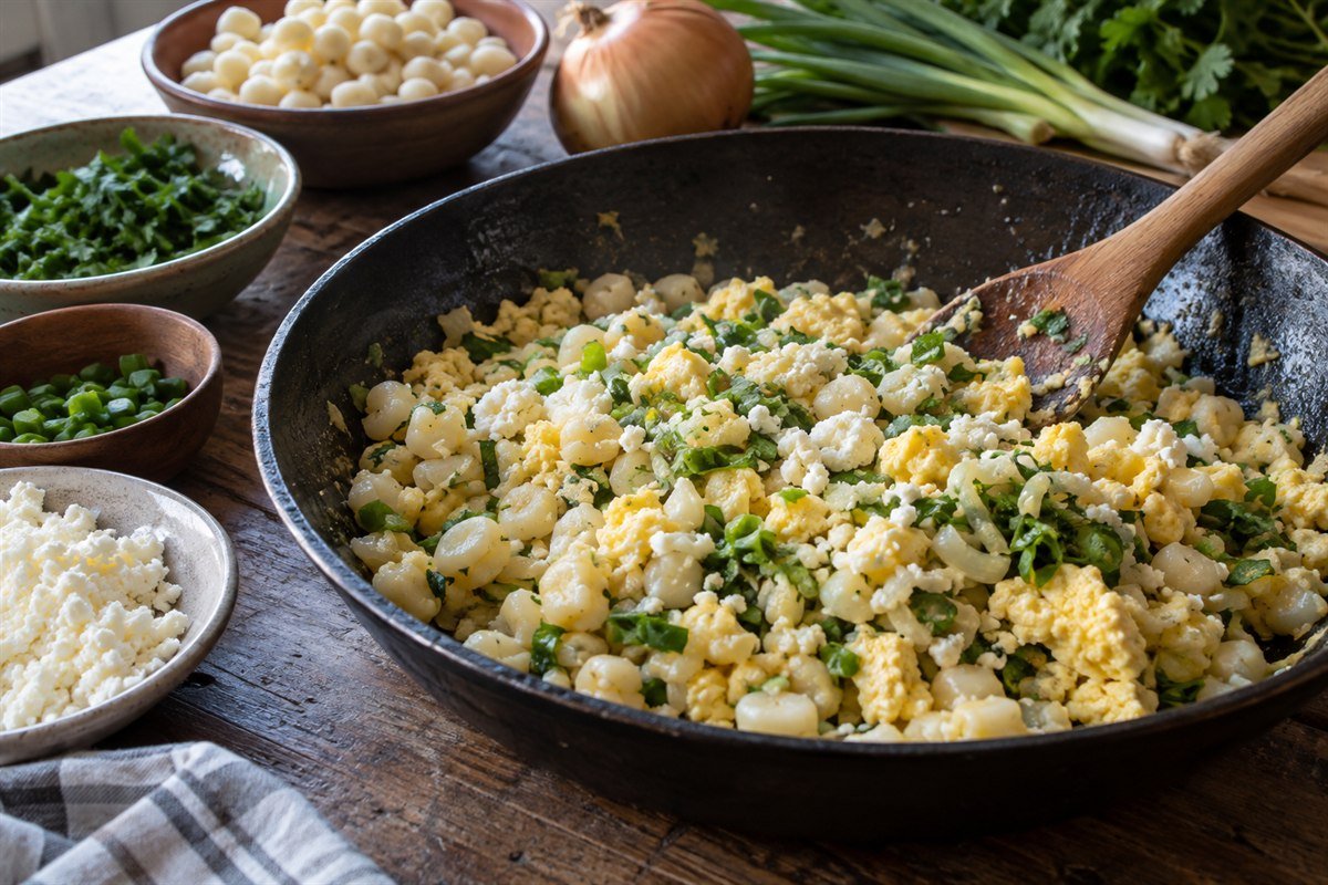 A wooden spoon lifting a portion of Ecuadorian mote pillo from a wide skillet, with hominy, eggs, queso fresco, achiote, and chopped scallions visible on the counter.