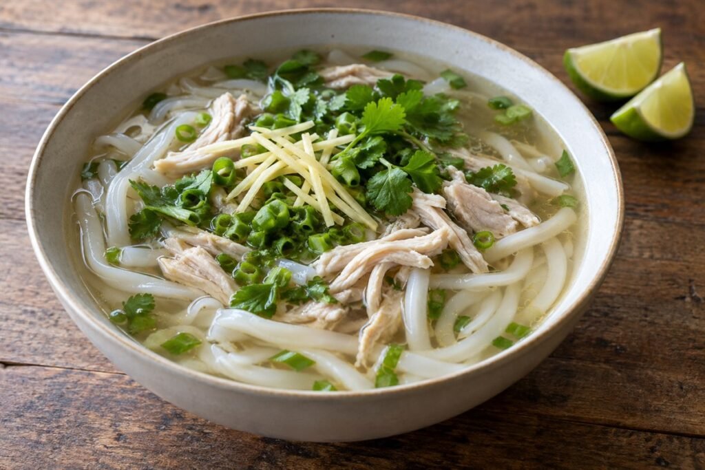 Laotian khao piak sen, a deep bowl of clear chicken broth with chewy handmade rice noodles, shredded chicken, scallions, cilantro, and lime, photographed in soft natural window light.
