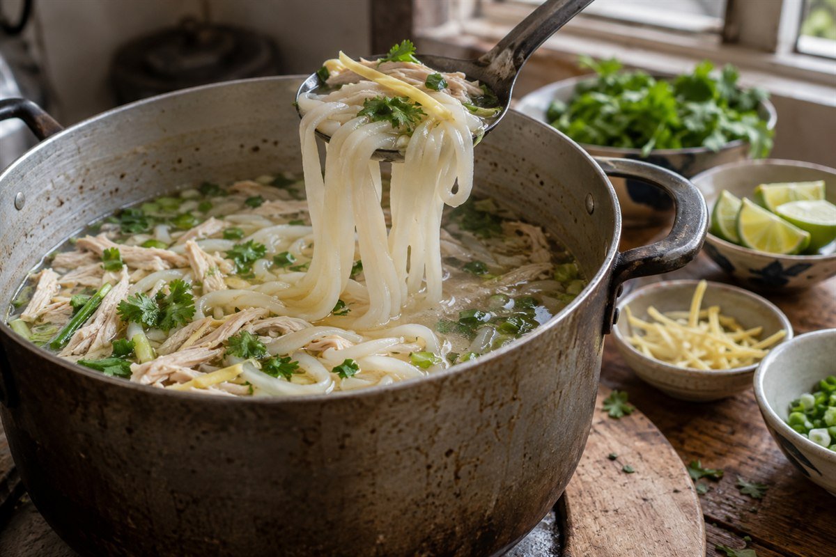 A close process view of thick rice noodles being lifted from a pot of Laotian khao piak sen broth, with shredded chicken, ginger, scallions, and lime arranged nearby on a simple table.