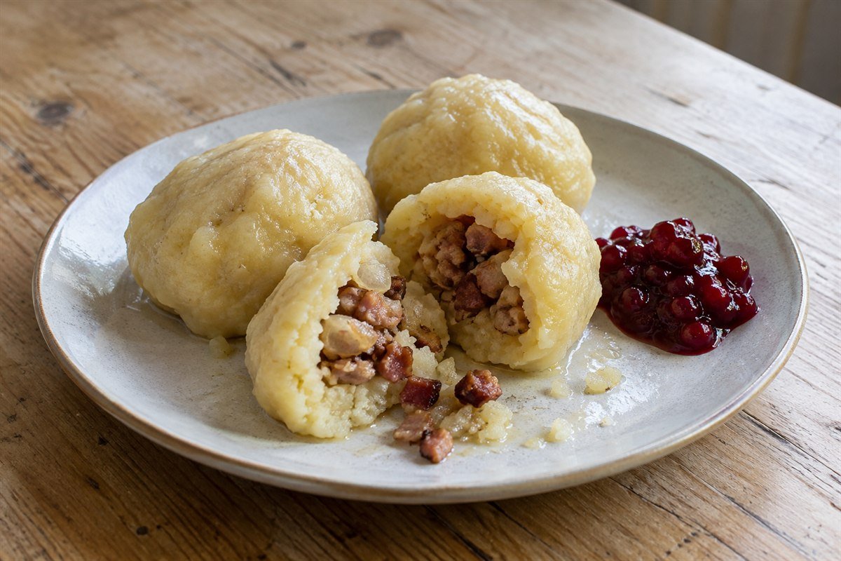 Swedish kroppkakor, rustic potato dumplings split to show a bacon and onion filling, served with lingonberry jam on a simple ceramic plate in soft natural window light.