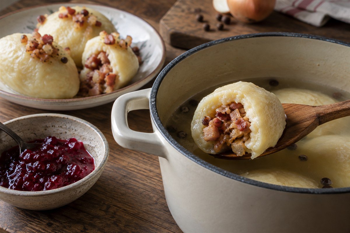 A close serving view of a Swedish kroppkakor dumpling being cut open beside browned bacon, onion, allspice, and a spoonful of lingonberry jam on a worn wooden table.
