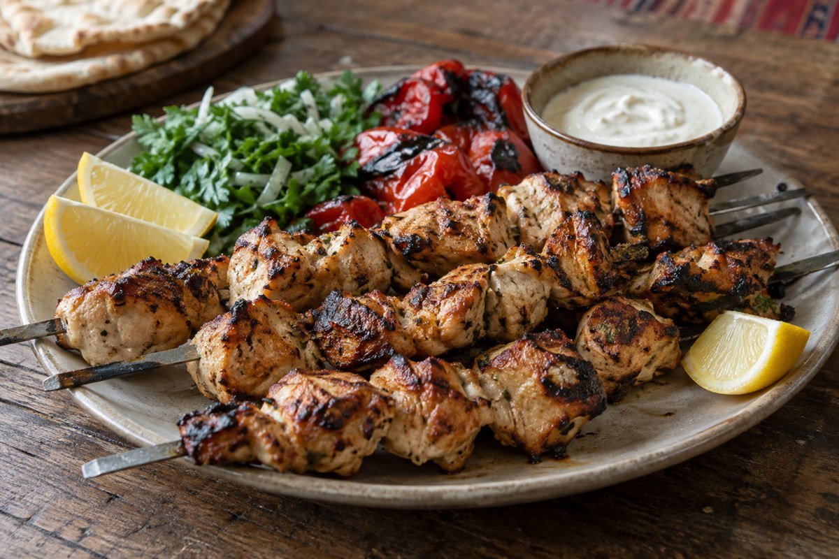 Syrian shish tawook, irregular pieces of grilled chicken on skewers with charred peppers, lemon, parsley, and garlic sauce on a simple platter, soft natural daylight.