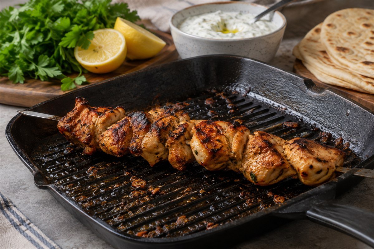 A close serving view of Syrian shish tawook being lifted from a grill pan, showing yogurt-marinated chicken, browned edges, lemon, garlic sauce, and flatbread nearby.