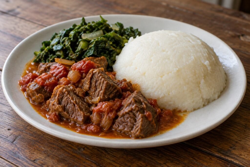 Zimbabwean sadza with beef, a smooth mound of white maize porridge beside tender beef and tomato relish with braised greens, on a simple ceramic plate in natural window light.