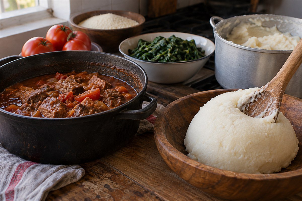 A wooden spoon shaping smooth sadza beside a pot of beef and greens, with maize meal, tomatoes, onion, and collards on a worn kitchen surface.
