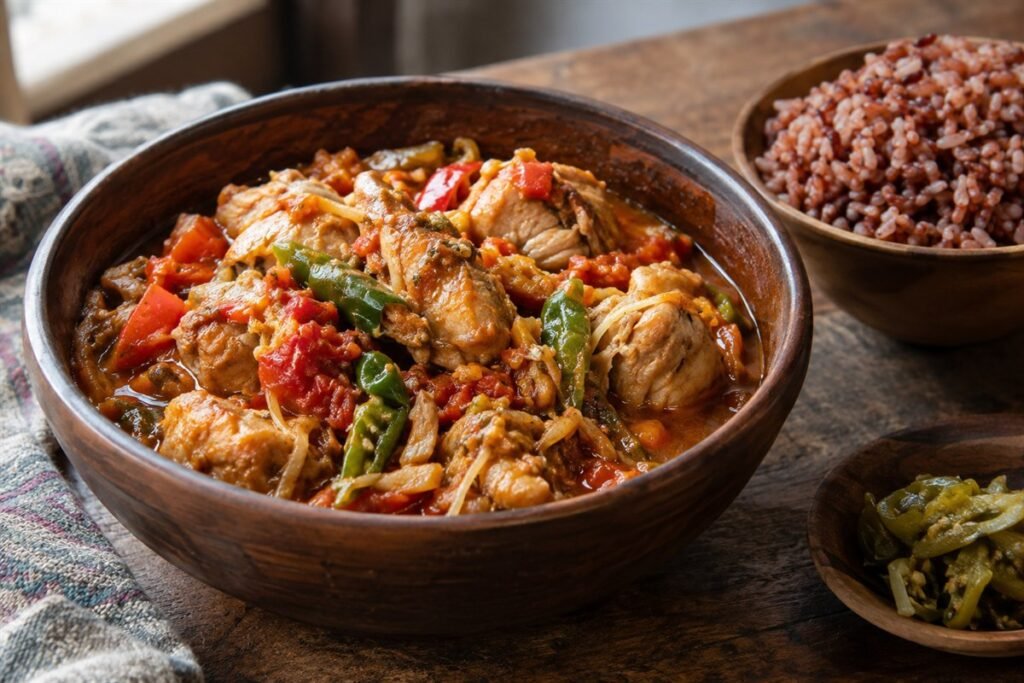 Bhutanese jasha maru, rustic chicken stew with tomato, ginger, garlic, and red and green chiles in a deep bowl beside red rice, soft natural daylight.