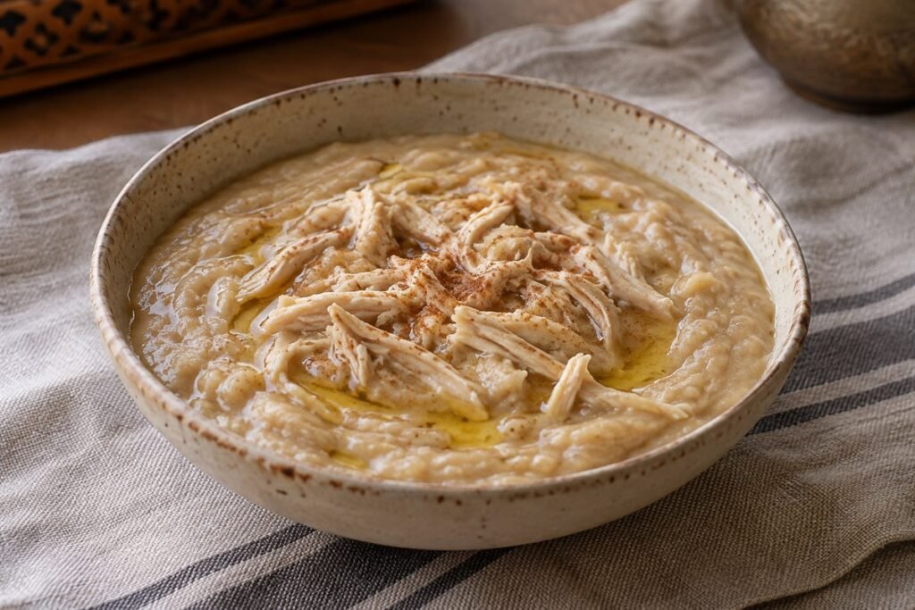 Emirati harees, smooth wheat and shredded chicken porridge with cinnamon.