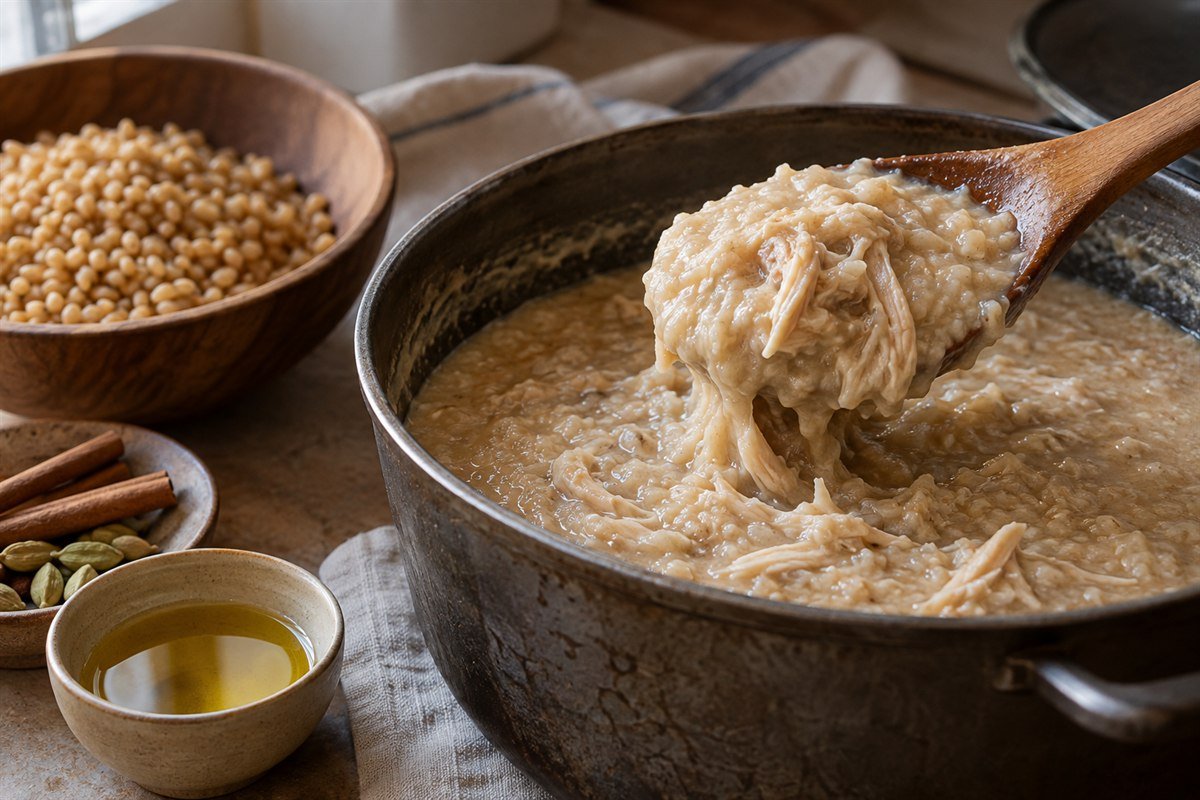 A wooden spoon stirring thick Emirati harees in a heavy pot beside soaked wheat, shredded chicken, cardamom, and cinnamon on a simple kitchen table.