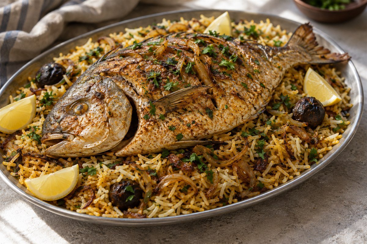 Kuwaiti mutabbaq zubaidi, a whole roasted pomfret resting over golden spiced basmati rice with caramelized onions, herbs, and dried lime, natural editorial food photography.