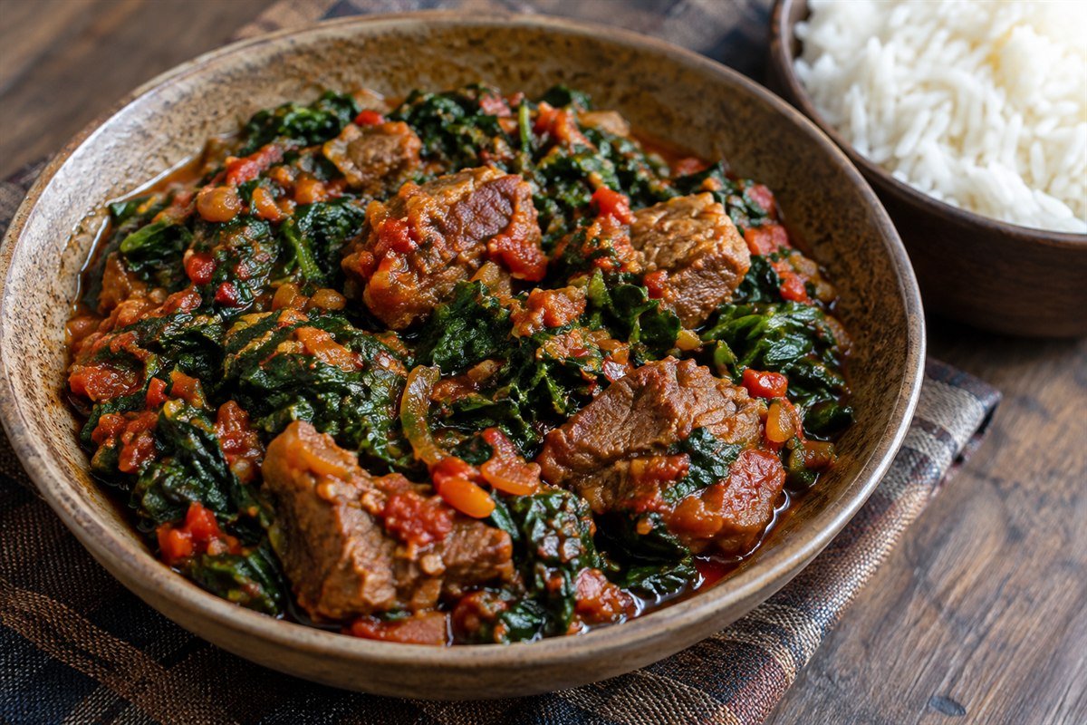 Nigerian efo riro, glossy chopped spinach and beef stew with red pepper sauce in a rustic bowl, served with a mound of white rice, soft natural window light.