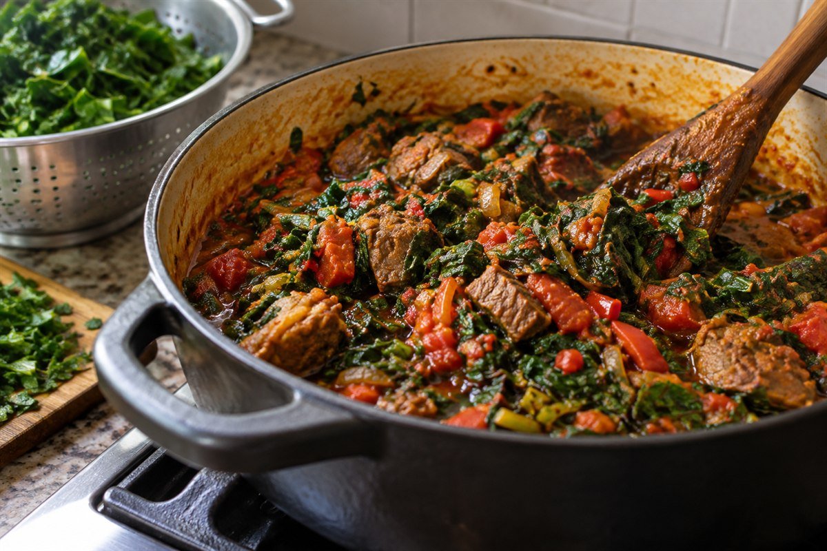 A wooden spoon lifting Nigerian efo riro from a wide pot, showing tender beef, chopped greens, red peppers, tomatoes, and palm oil on a worn kitchen counter.