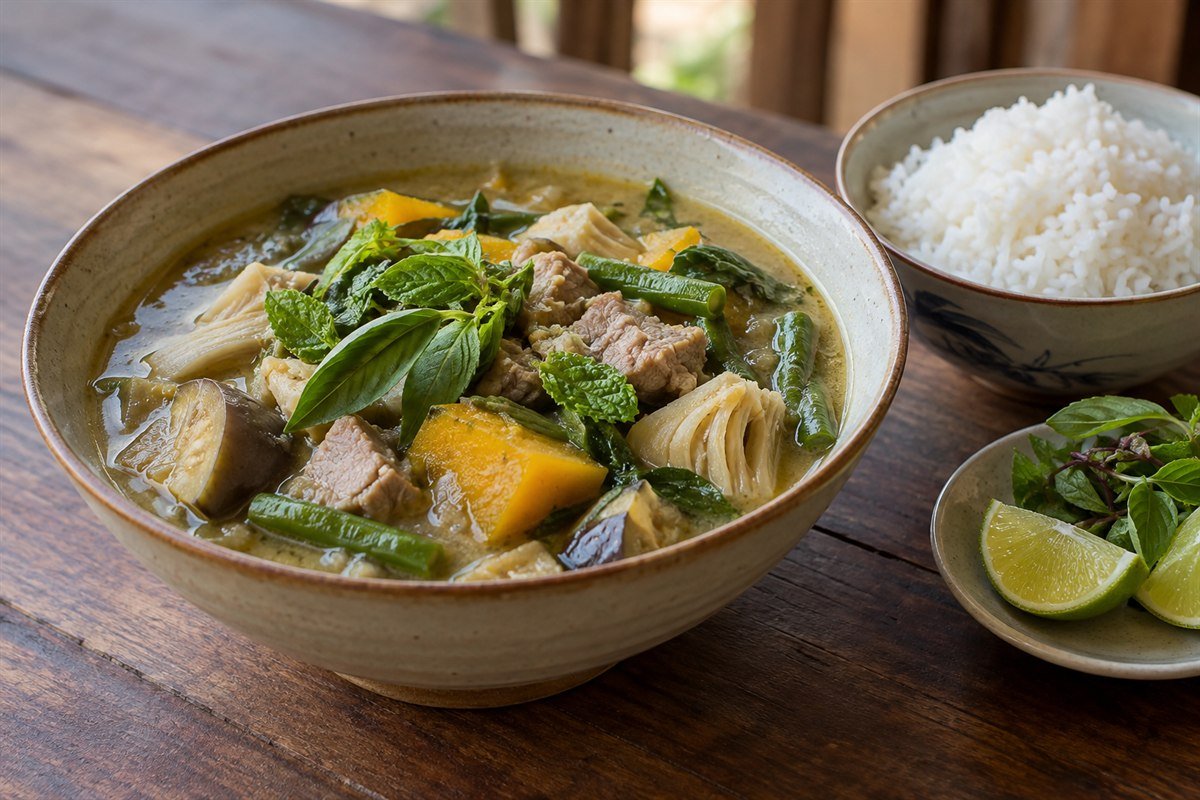 Cambodian samlor korko, a thick rustic vegetable and pork soup with pumpkin, eggplant, green beans, and herbs in a deep bowl, soft diffuse daylight and natural editorial food photography.