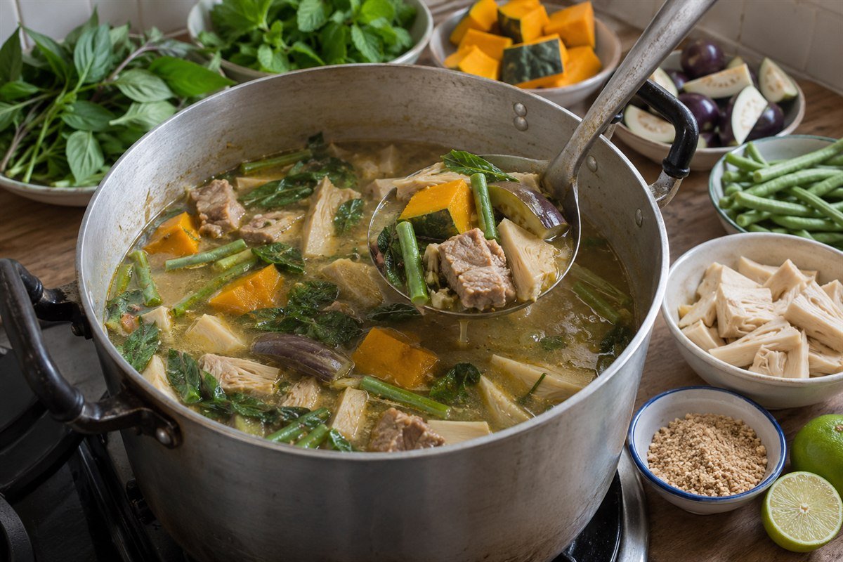 A serving view of Cambodian samlor korko being ladled from a pot, showing pork, pumpkin, eggplant, green beans, roasted rice powder, and fresh herbs on a simple table.