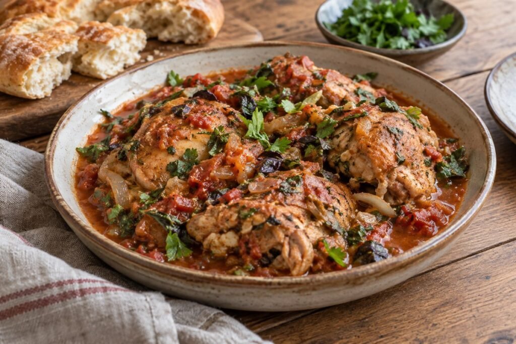 Georgian chakhokhbili, rustic chicken pieces in a brick-red tomato and herb sauce with chopped coriander, served in a shallow ceramic bowl, natural editorial food photography.