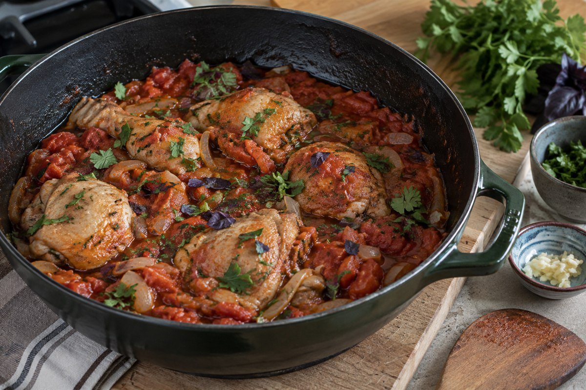 A close process view of chakhokhbili simmering in a wide skillet, with chicken, softened onions, tomatoes, garlic, coriander, and parsley on the counter.