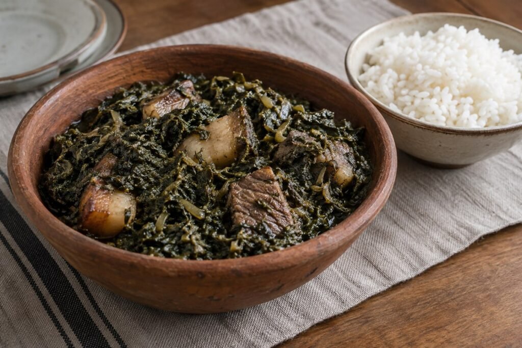 Malagasy ravitoto with pork, a deep green cassava leaf stew with tender pork pieces in a clay bowl beside plain rice, soft diffuse window light and natural home-style presentation.