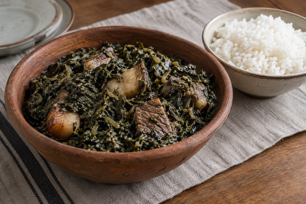Malagasy ravitoto with pork, a deep green cassava leaf stew with tender pork pieces in a clay bowl beside plain rice, soft diffuse window light and natural home-style presentation.