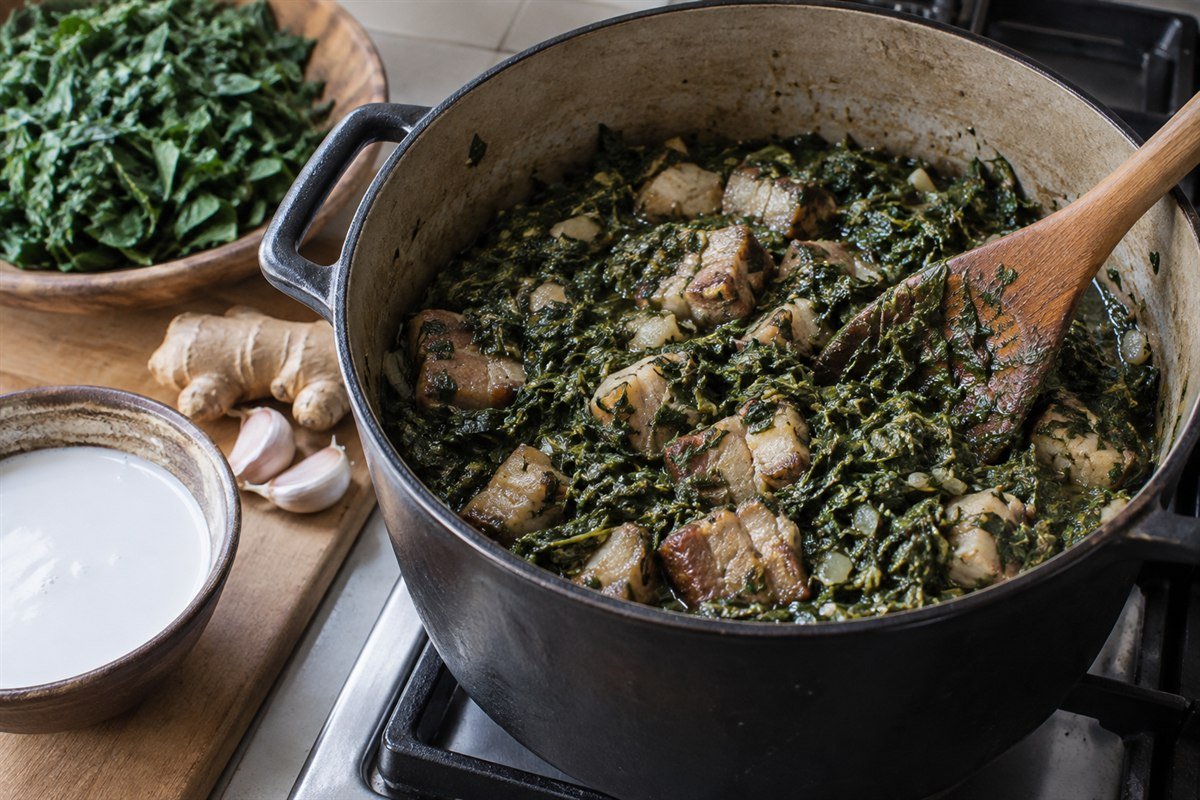 A wooden spoon stirring ravitoto in a heavy pot, showing chopped cassava leaves, pork shoulder, ginger, garlic, and coconut milk on a simple kitchen table.