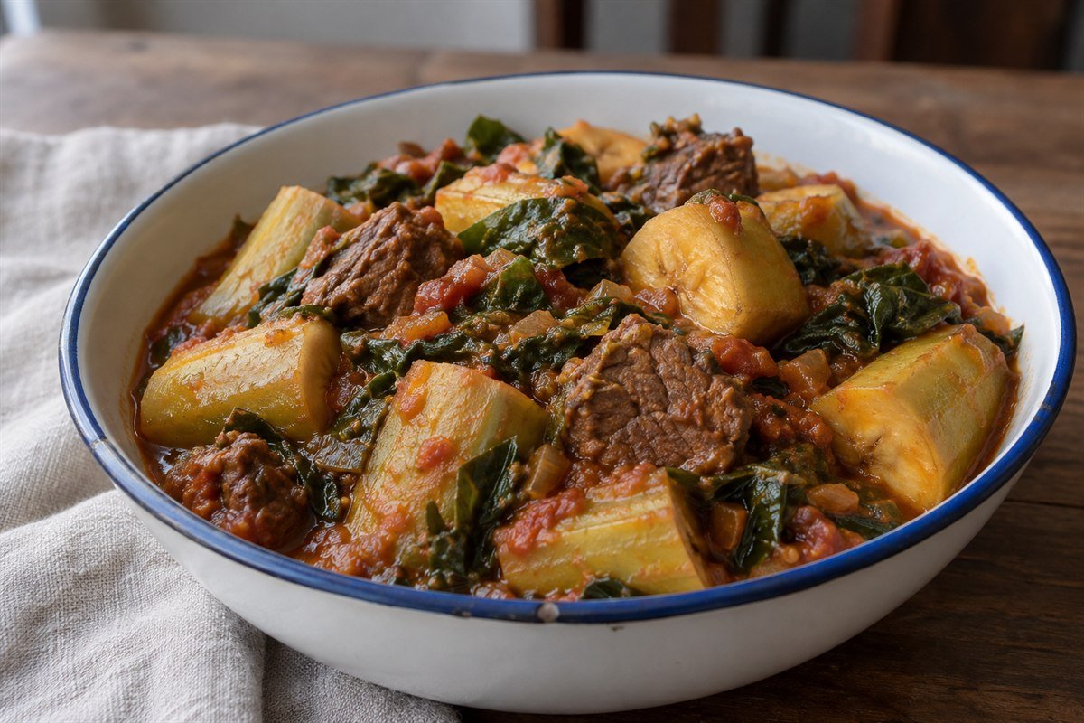 Ugandan katogo, tender green banana pieces and beef in a thick tomato stew with greens, served in a deep enamel bowl, soft natural daylight and modest home-style presentation.