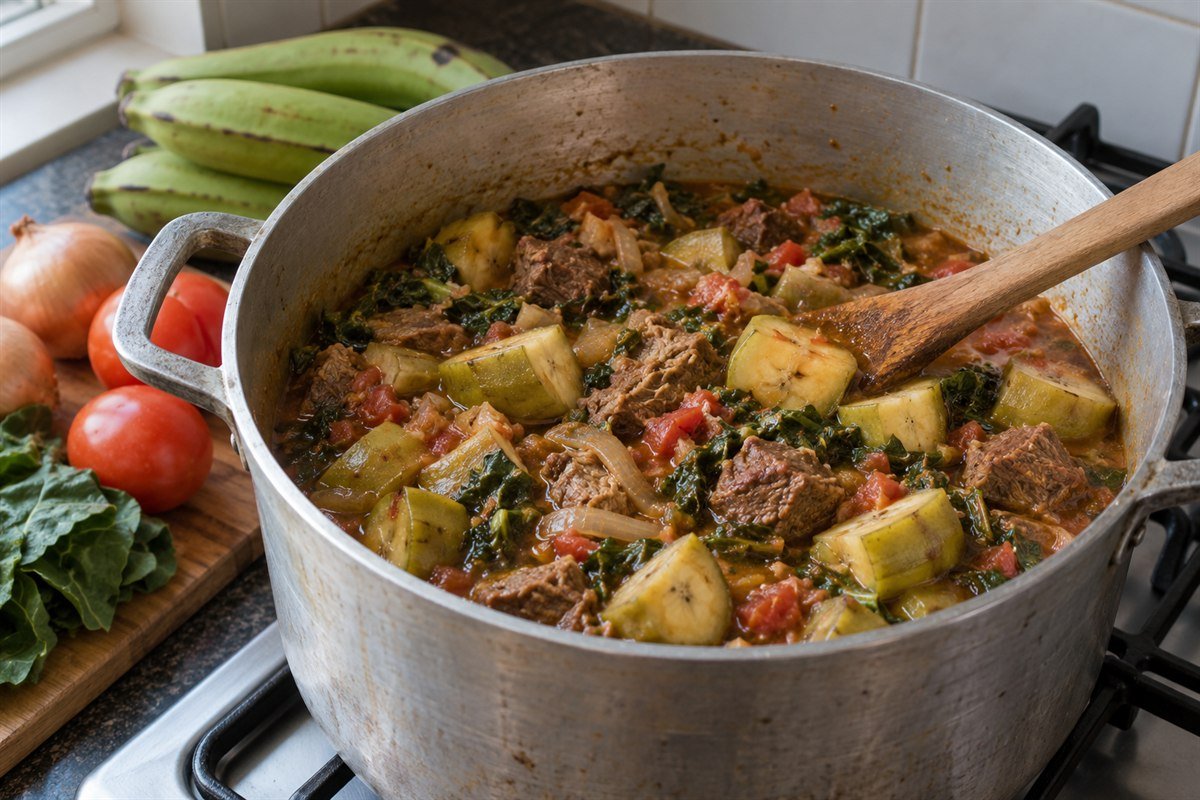 A wooden spoon lifting Ugandan katogo from a pot, showing peeled green bananas, beef cubes, tomato, onion, and chopped greens on a worn kitchen surface.