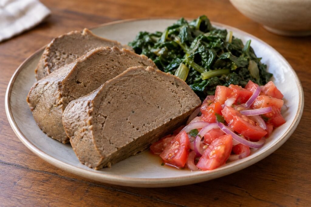 Zambian chikanda, thick rustic slices of a firm savoury orchid and peanut loaf with tomato relish on a simple ceramic plate, soft natural window light and authentic home-style texture.